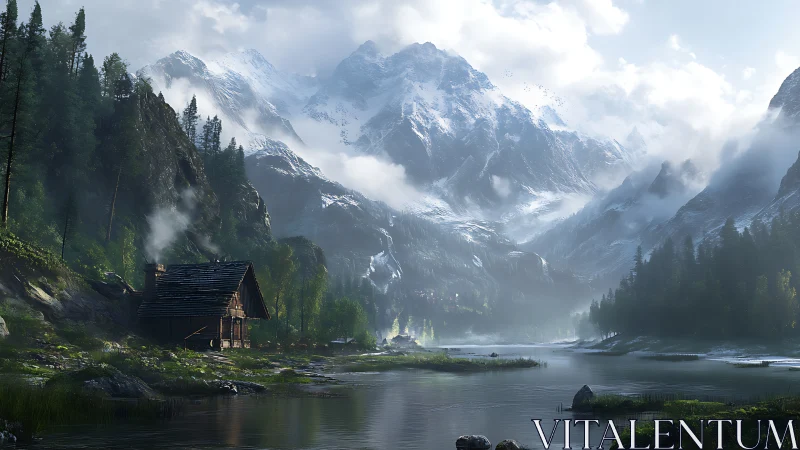 Remote riverside cabin rests beneath towering alpine peaks.