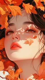 Soft autumn gaze framed by glowing amber leaves.