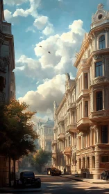 Sunlit historic city street with ornate stone facades.