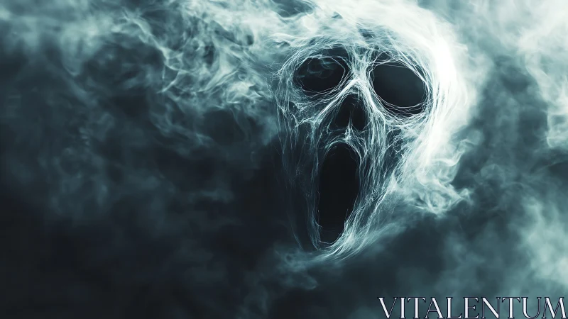 Ethereal spectral skull emerging from swirling cyan mist