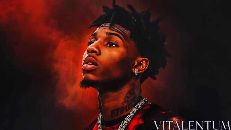 Stylized portrait of young man with chains and tattoos.