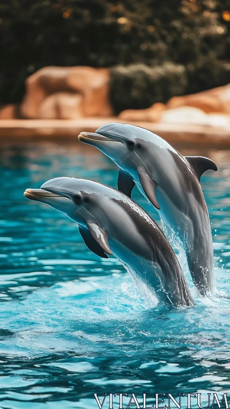 Playful dolphins leap in sparkling blue pool water together.