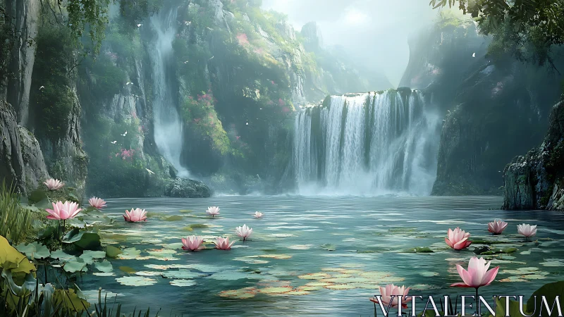 Waterfall pool with lotus-covered surface and rocky cliffs.