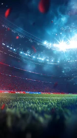 Stadium storm of floodlights and color over electric turf.