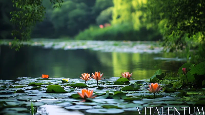 Water lilies on calm pond amid dense green foliage.