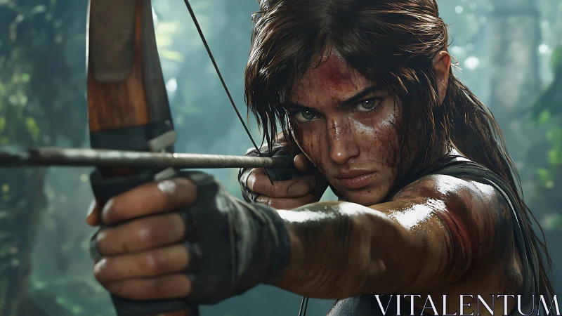 Photorealistic jungle archer close-up with dynamic tension framing.