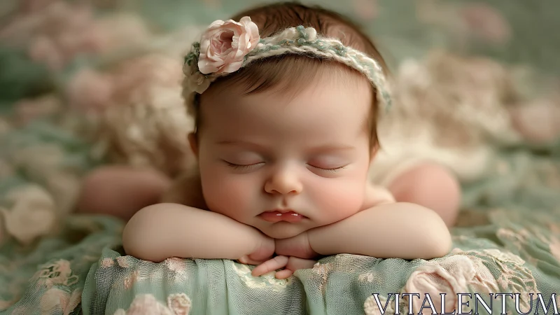 Sleeping Newborn Girl with Flower Headband.