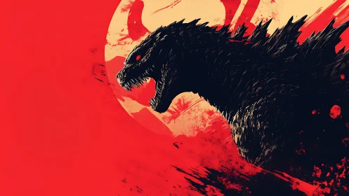 Kaiju silhouette roars against crimson sun with inked textures.