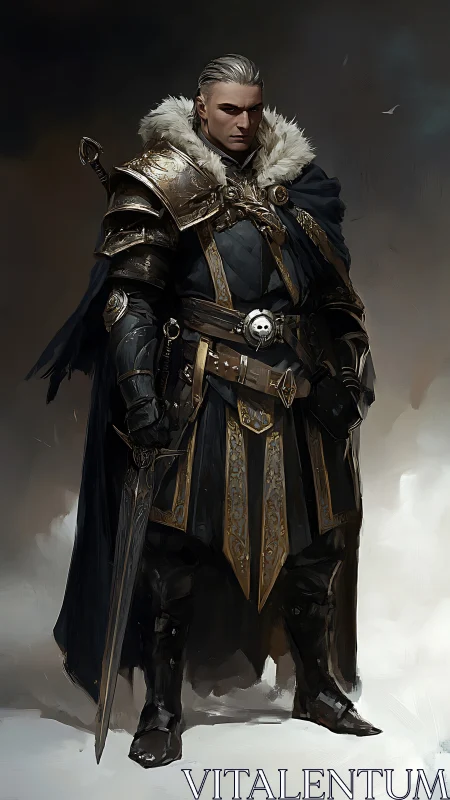 Armored knight in fur-trimmed cloak rendered as moody concept art