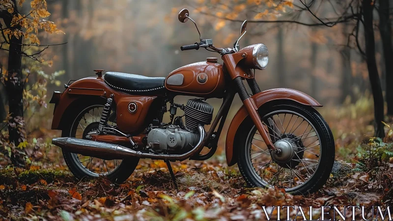 Vintage motorcycle stands on damp forest floor in autumn