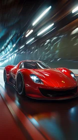 Crimson hypercar racing through neon tunnel at full speed.