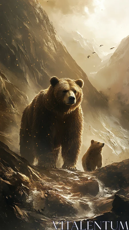 Brown bear and cub stand on rocky mountain path in mist