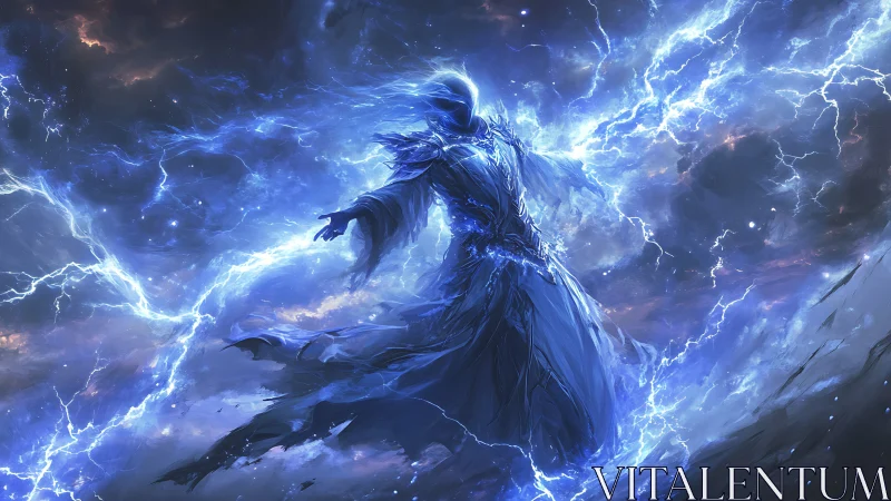 Hooded energy figure commands blue lightning in storm