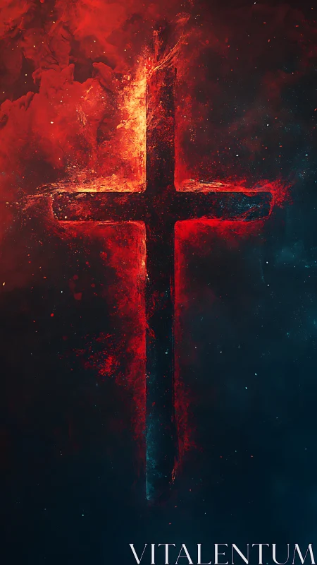 Burning red cross divides dark cosmic void with fire