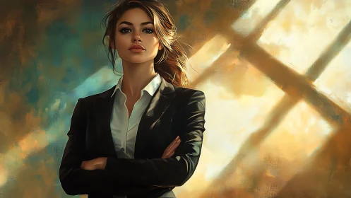 Confident Businesswoman in Suit, Digital Painting Portrait Style.