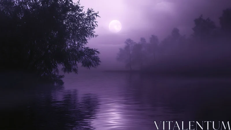 Monochromatic violet lakeside nocturne with diffused lunar backlight