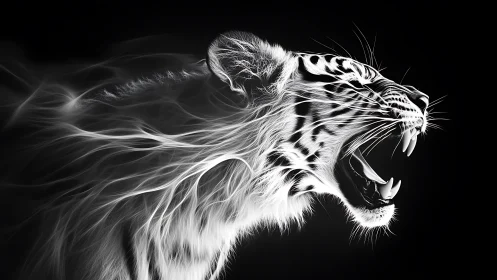 White energy tiger roar in dynamic monochrome motion.