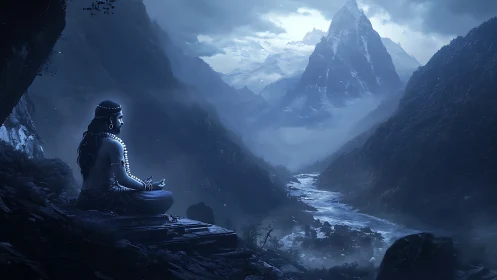 Mystic yogi in moonlit Himalayan valley with misty river.