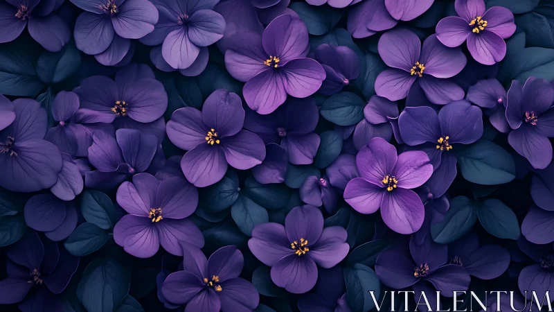 Purple flowers with dark foliage overhead view.