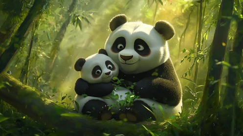 Gentle panda cuddle nestles in sunlit fairy-tale bamboo grove.