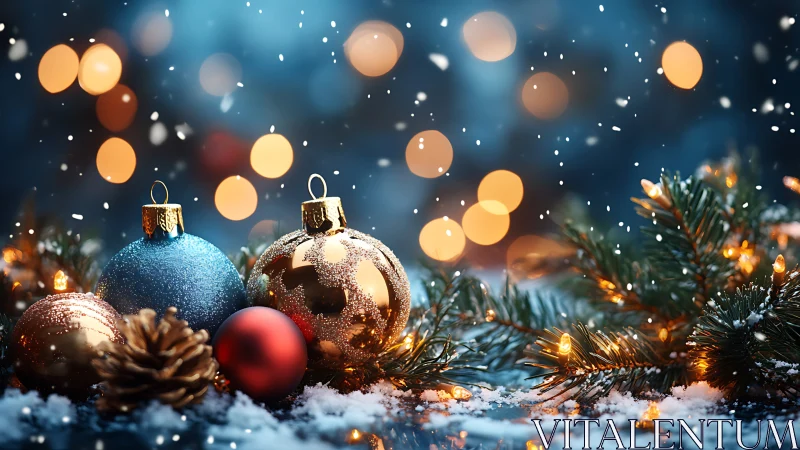 Specular holiday baubles in shallow-depth bokeh snowfall scene.