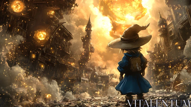 Young mage surveys burning steampunk metropolis under apocalyptic sun
