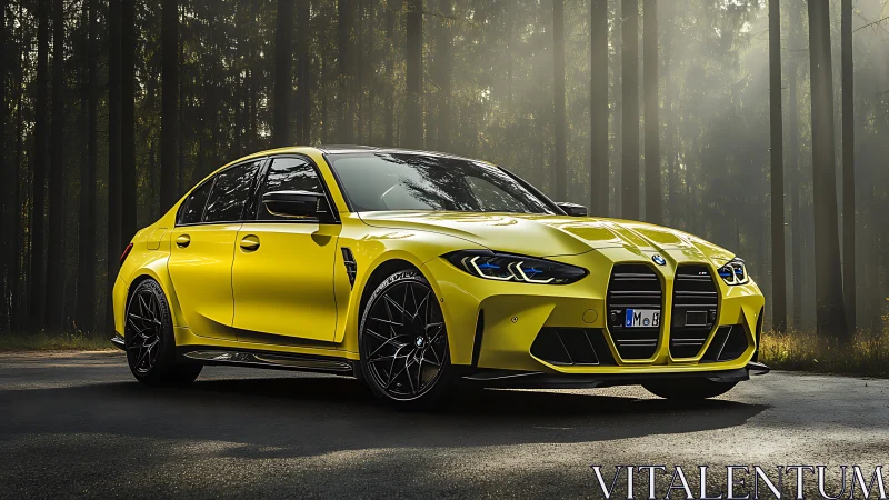 Yellow BMW sports sedan parked on forest road in sunlight.