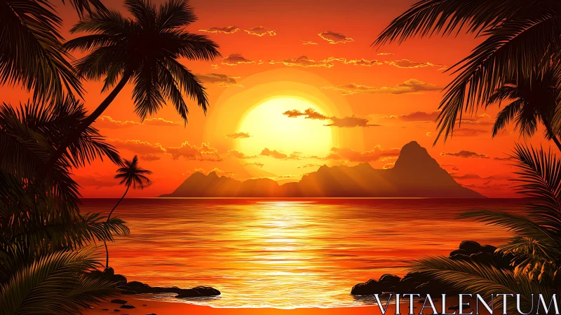 Hyper-saturated tropical sunset with silhouetted palms and specular water