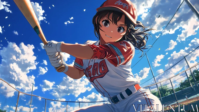 Sunlit batter readies a confident swing on bright blue day