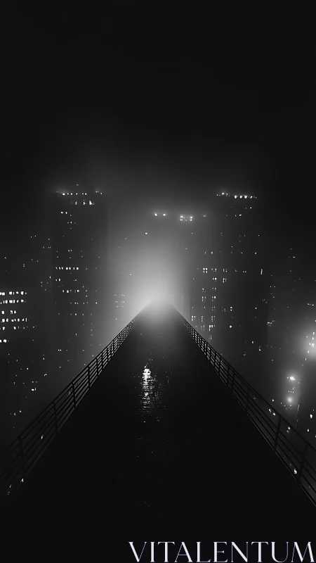 Pedestrian bridge extends into bright fog between city towers