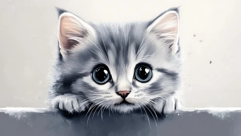 Gray and white feline portrait with stylized rendering technique