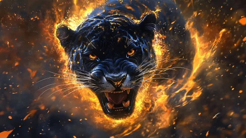 Fierce midnight panther blazing through a storm of fire.