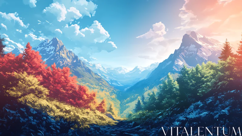 Glowing mountain valley welcomes sunlight, color, and calm