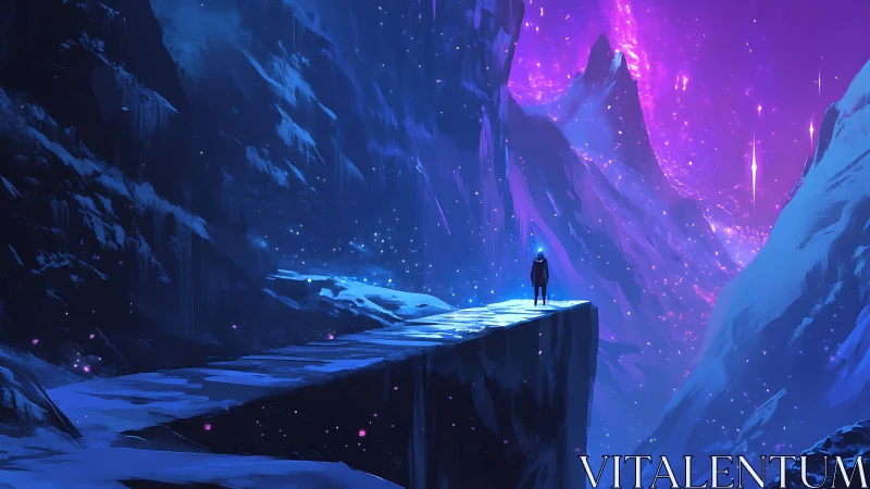Solitary figure overlooking luminous cosmic glacier valley.