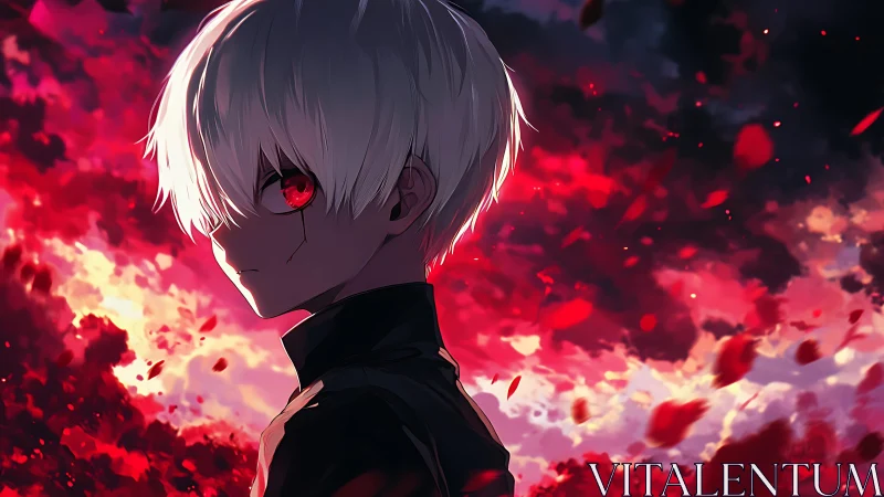White haired anime boy with red eye in burning sky