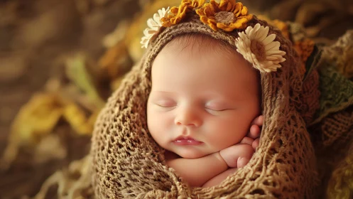 Neonatal Portrait with Autumnal Floral Crown and Knitted Textile Wrapping.