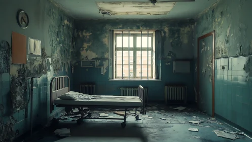 Quiet abandoned hospital room bathed in muted morning light.
