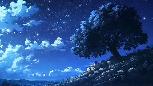 Lone hilltop tree watches over a tranquil, starlit sky