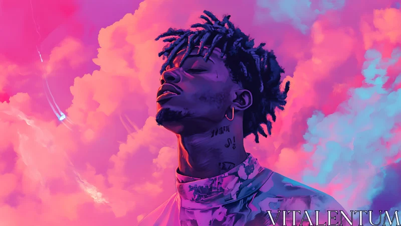 Portrait of young man against neon pink and blue sky.