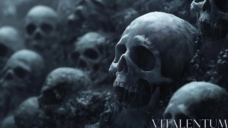 Monochrome ossuary skullscape rendered with cinematic depth lighting