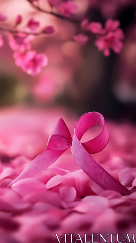 Pink awareness ribbon on cherry blossom petal bokeh field.