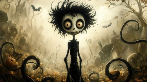 Spindly skeleton child in twisted Halloween pumpkin graveyard.