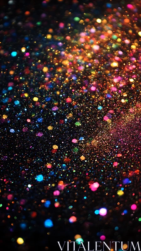 Multicolored bokeh glitter dust sparkles across dark surface