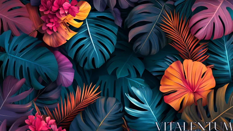 Bold tropical leaves in vivid teal, orange, and magenta tones.