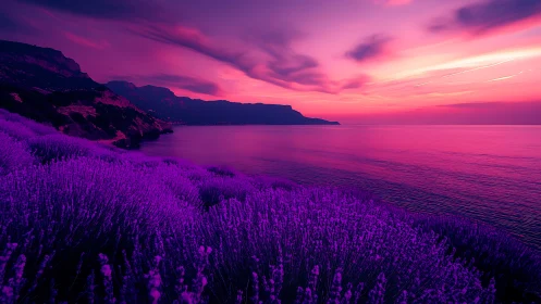 Violet coastal lavender field under magenta cinematic sunset sky