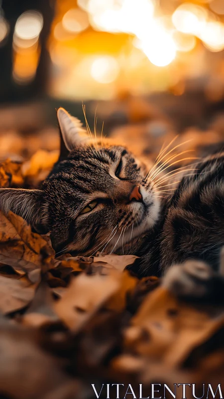 Tabby Cat Resting on Autumn Leaves at Dusk.