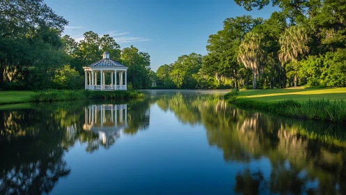 Lakeside white gazebo mirrored in calm blue reflective water.