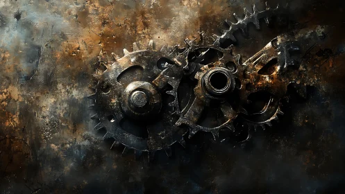 Rusty interlocking metal gears on dark grunge surface.