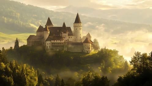Hilltop stone castle within misty forested valley landscape.