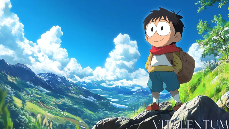 Boy with backpack stands on sunlit mountain slope, smiling